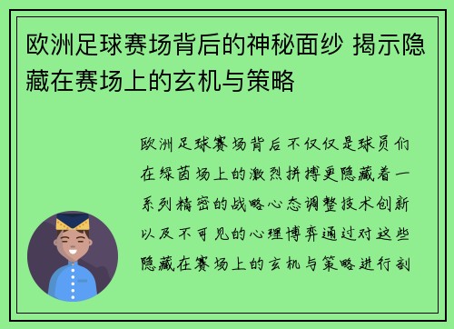 欧洲足球赛场背后的神秘面纱 揭示隐藏在赛场上的玄机与策略