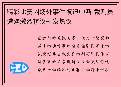 精彩比赛因场外事件被迫中断 裁判员遭遇激烈抗议引发热议