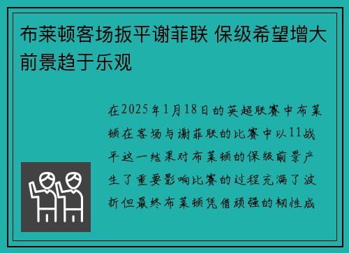 布莱顿客场扳平谢菲联 保级希望增大前景趋于乐观