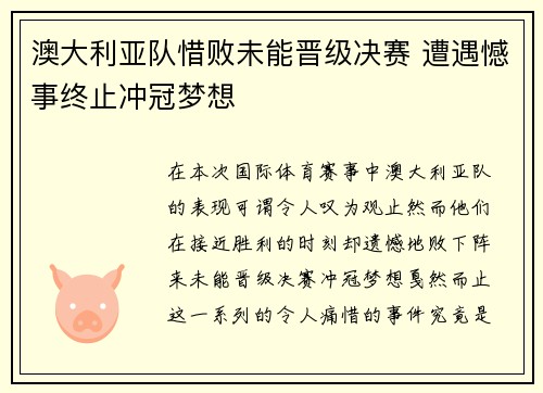 澳大利亚队惜败未能晋级决赛 遭遇憾事终止冲冠梦想
