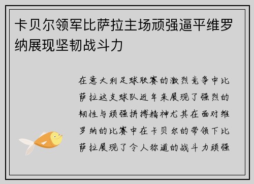 卡贝尔领军比萨拉主场顽强逼平维罗纳展现坚韧战斗力