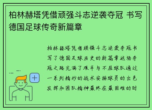 柏林赫塔凭借顽强斗志逆袭夺冠 书写德国足球传奇新篇章