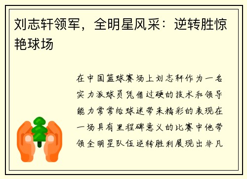 刘志轩领军，全明星风采：逆转胜惊艳球场