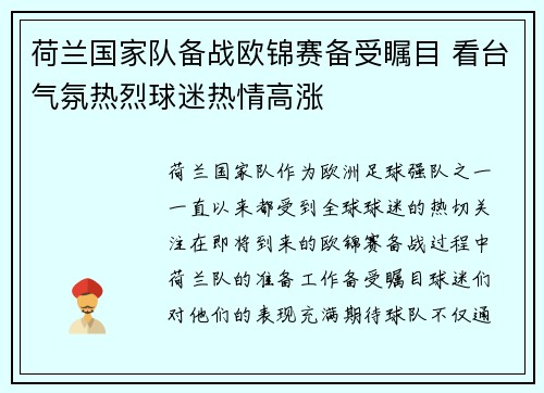 荷兰国家队备战欧锦赛备受瞩目 看台气氛热烈球迷热情高涨