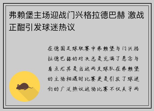 弗赖堡主场迎战门兴格拉德巴赫 激战正酣引发球迷热议